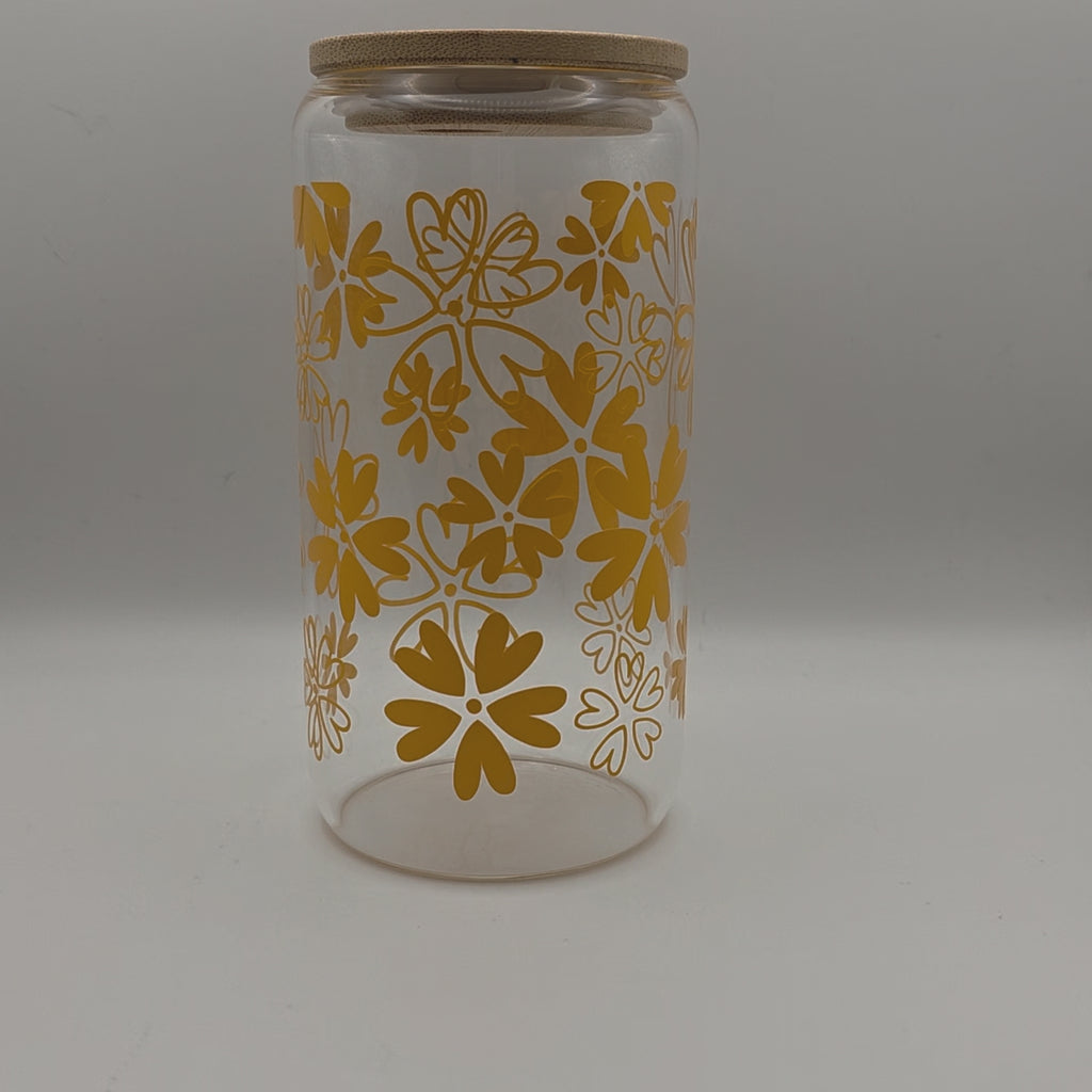 Bicchiere in vetro con cannuccia e coperchio in bambù – Fiori Arancioni