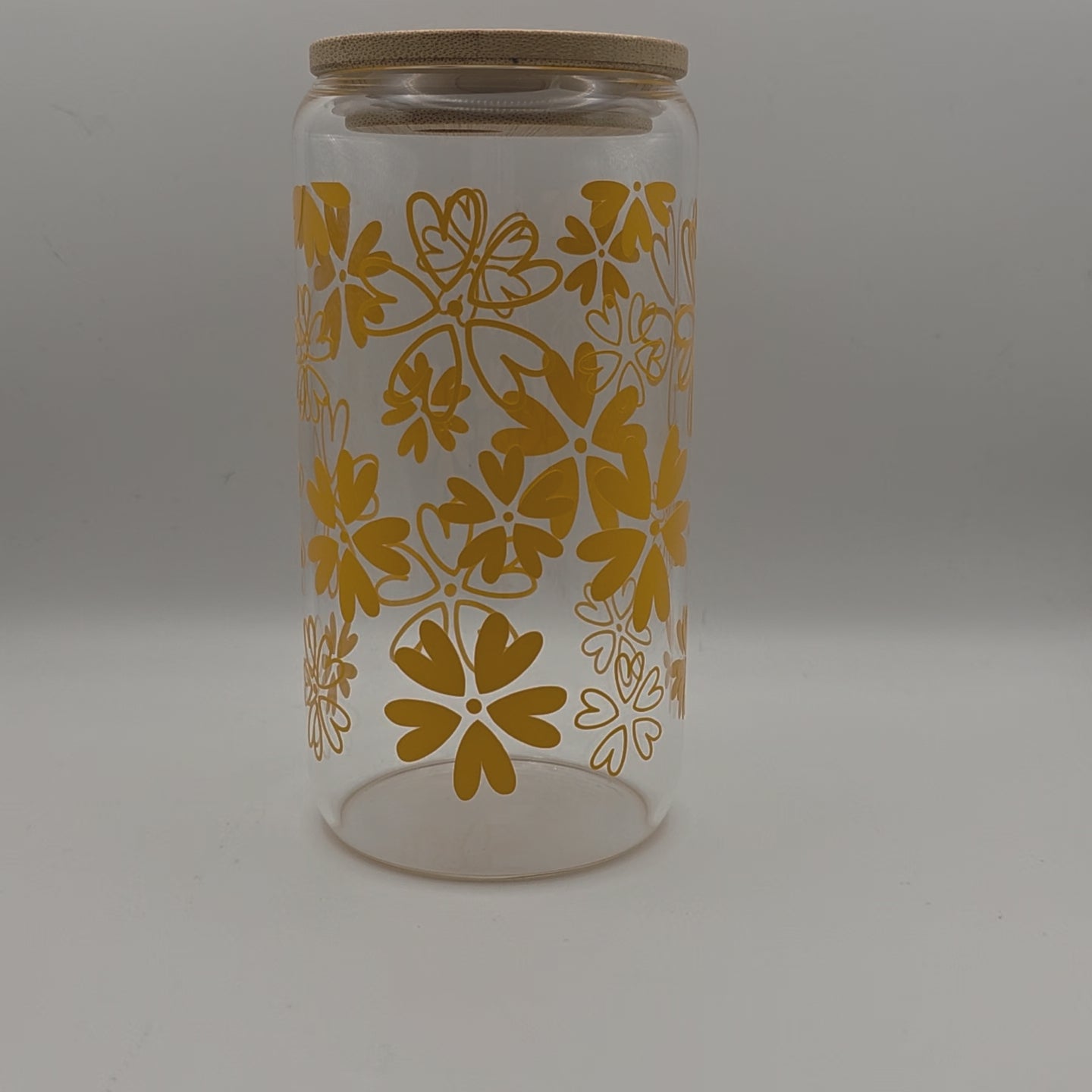 Bicchiere in vetro con cannuccia e coperchio in bambù – Fiori Arancioni