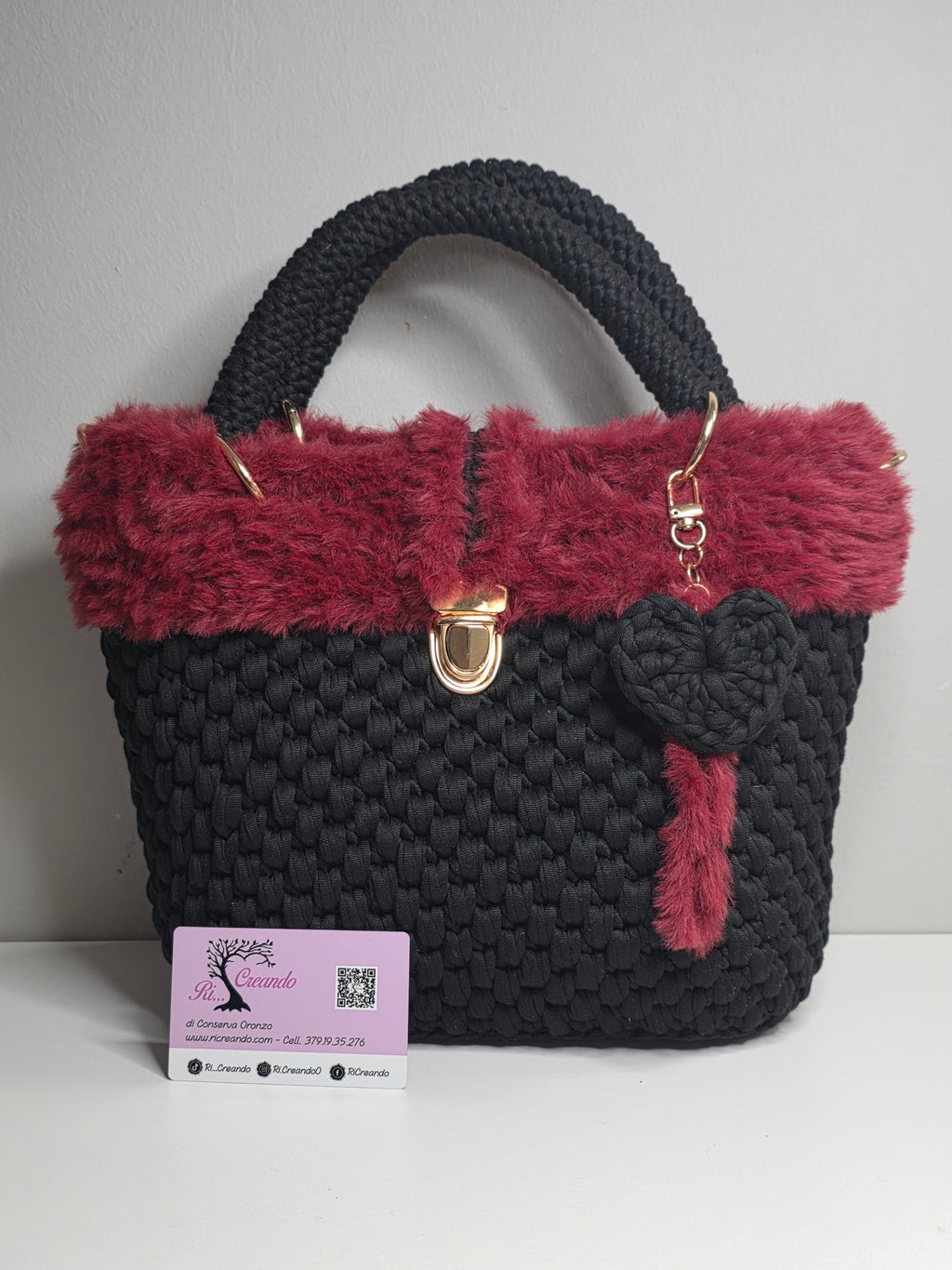 Bag Rubina Black - Borsa artigianale nera con bordo rubino