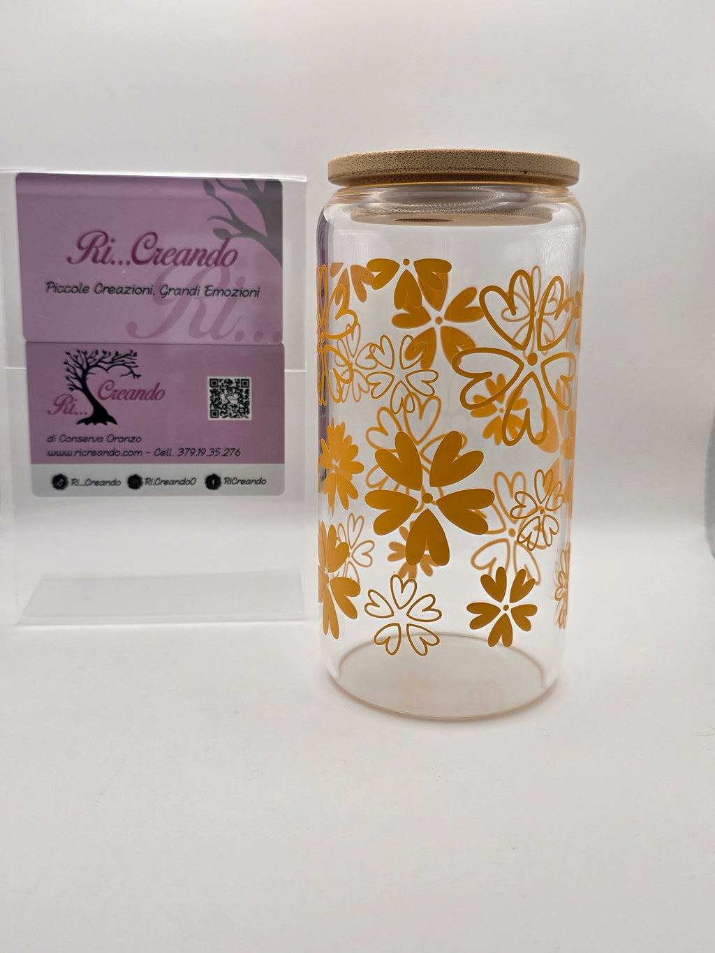 Bicchiere in vetro con cannuccia e coperchio in bambù – Fiori Arancioni