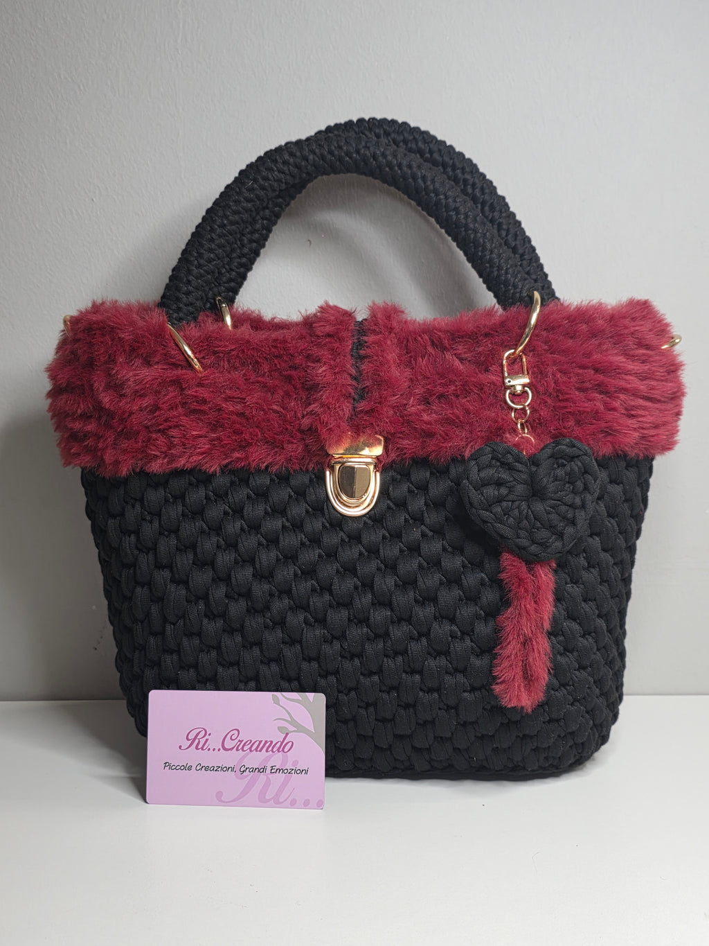 Bag Rubina Black - Borsa artigianale nera con bordo rubino